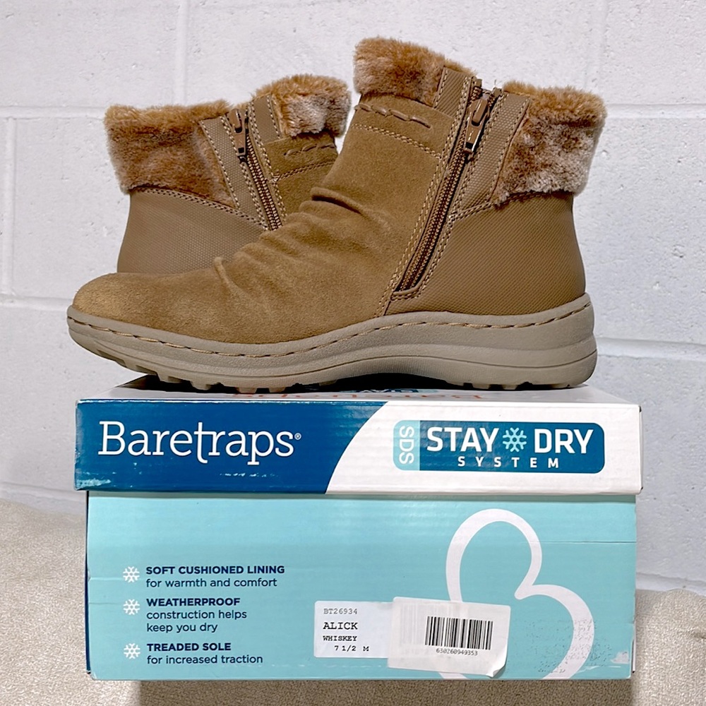NWT (7.5) whisky cognac faux fur booties grip sole waterproof mid calf suede